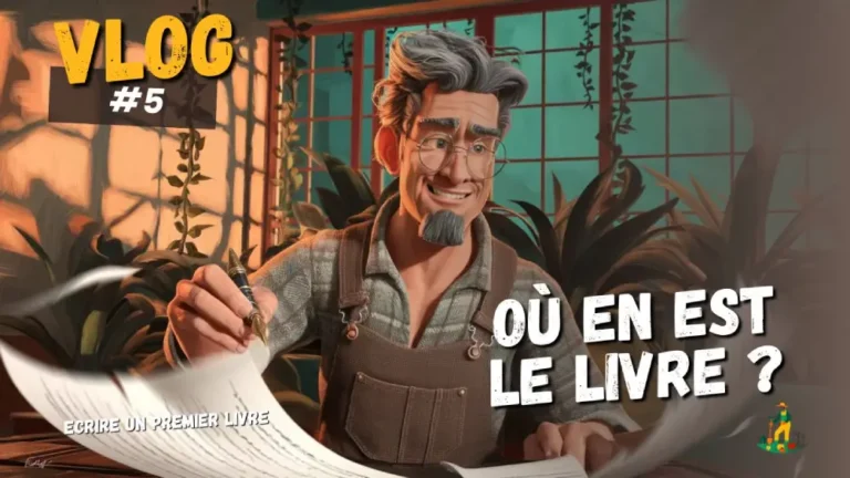 Auteur souriant aux cheveux gris écrivant rapidement, entouré de plantes vertes dans un bureau lumineux