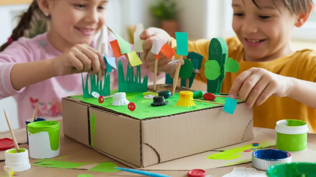 Enfants créant un diorama nature avec une boîte en carton, du papier coloré et de la peinture verte