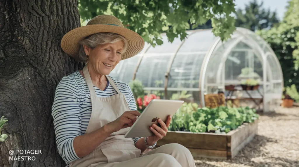 Femme jardinier lisant une tablette