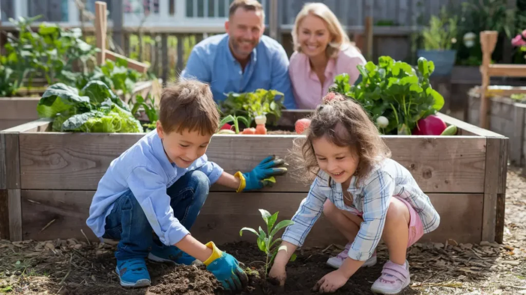 Enfants plantant des légumes sous le regard souriant des parents