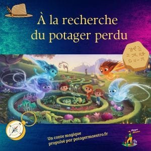 Couverture de l'ebook "À la recherche du potager perdu" - Conte magique pour enfants avec esprits des éléments et jardin enchanté
