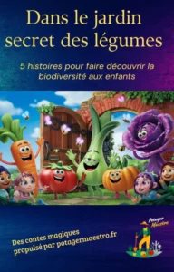 Couverture "Dans le jardin secret des légumes" - 5 histoires pour enfants sur la biodiversité avec légumes animés et porte magique