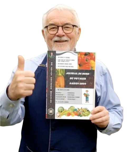 Jardinier présentant le livre Journal de bord du potager 2026
