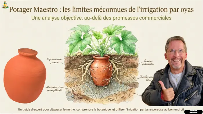 Coupe d'une oya en terre cuite irriguant une courgette : diffusion de l'eau et racines au potager
